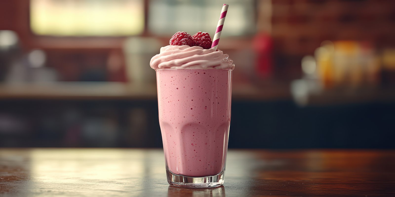 Creamy raspberry milkshake served in a clear glass with a red and white striped straw on a wooden table
